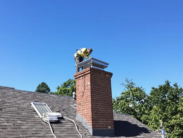 Tyngsborough Chimney Sweep technician measuring a chimney cap in Tyngsborough, MA