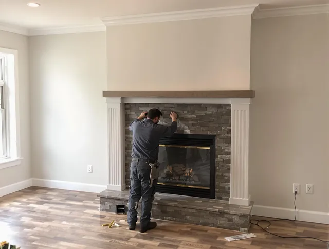 Tyngsborough Chimney Sweep finishing a custom fireplace install in Tyngsborough, MA